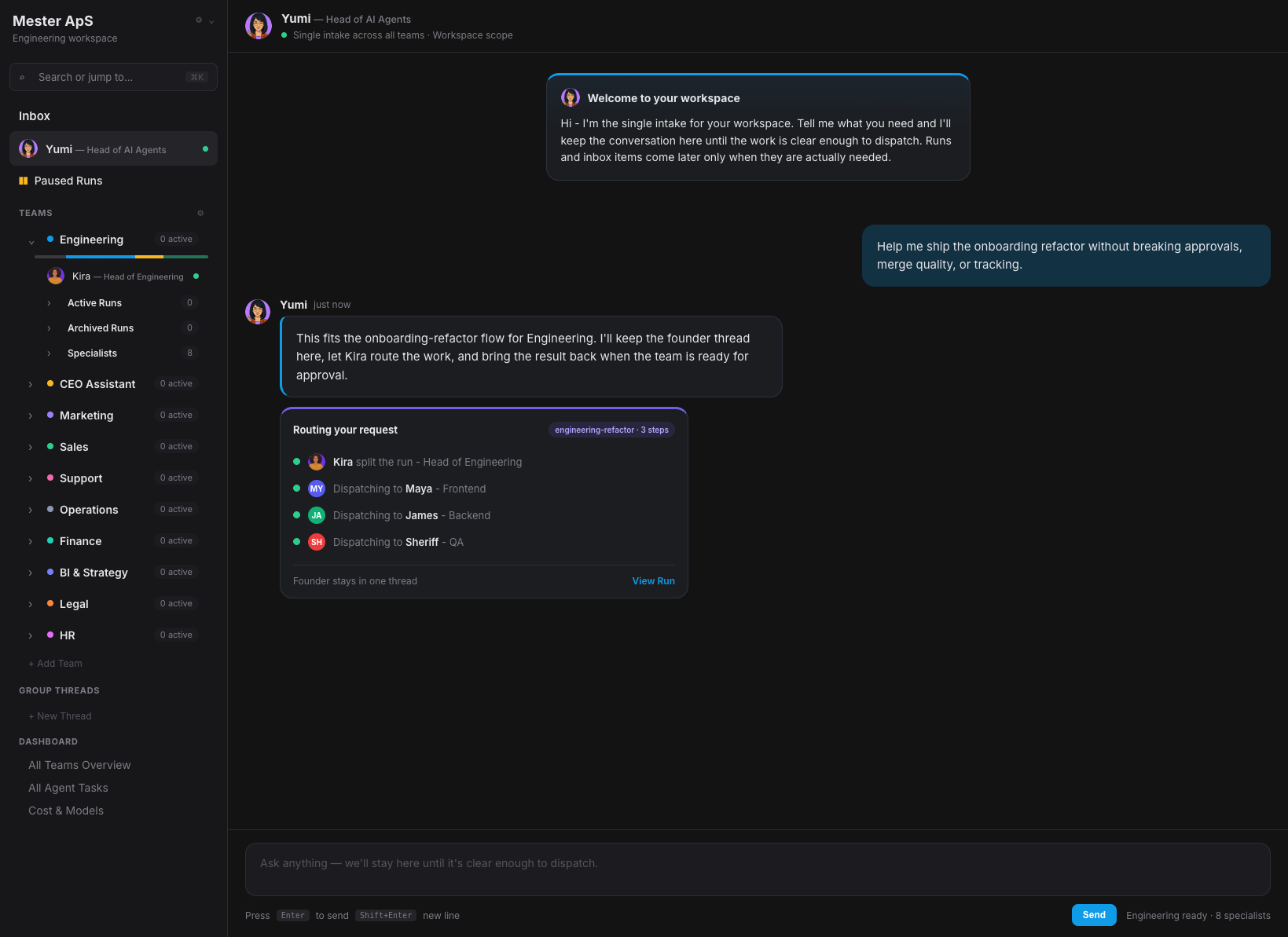Railstack 2.0 preview showing Yumi, the Engineering team, and a routed engineering request.